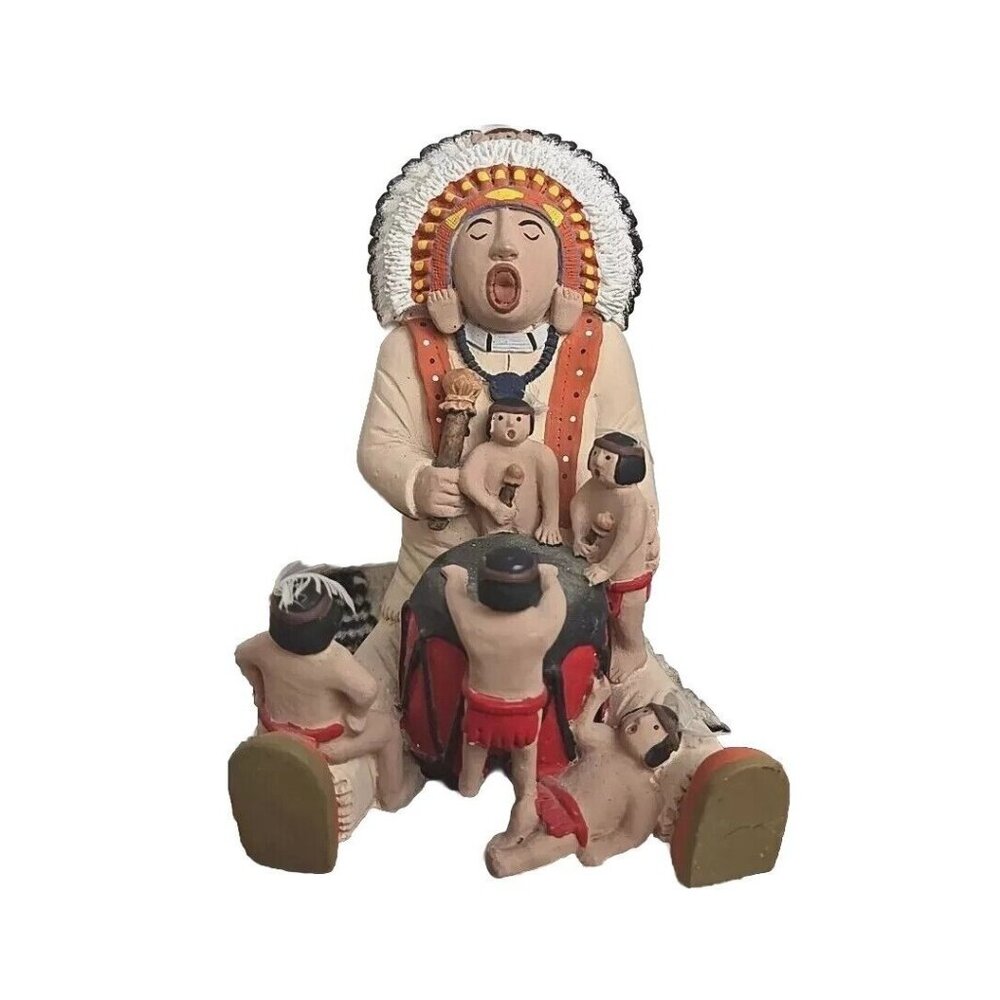 Storyteller Native American Family Hand‎ Painted Clay Chief Sculpture Southwest